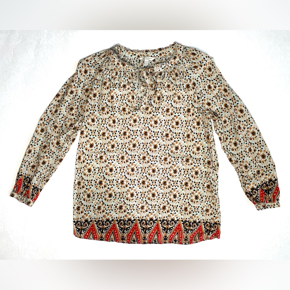 Lucky Brand Women’s Cream Multi Floral Long Sleeve Split/Tie Neckline Top Sz XS